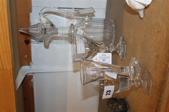 Victorian panel cut glass claret jug and stopper and 3 panelled glasses